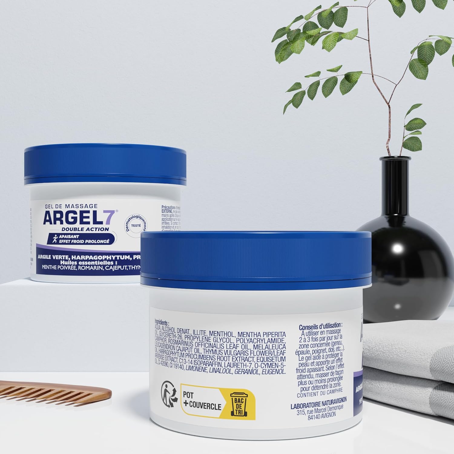 NaturAvignon Argel 7 gel de massage gênes articulaires et contracture musculaire - argile verte, harpagophytum - genoux douleur dos -effet cryothérapie - massage et relaxation - pot 120mL New