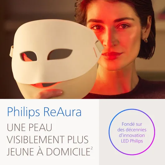 ReAura – masque LED 3-en-1 visage, contour des yeux et cou, 3 modes spécialisés, technologie lumières bleue, rouge et proche infrarouge cliniquement prouvée¹, design souple, 10 min, LTM7100/00