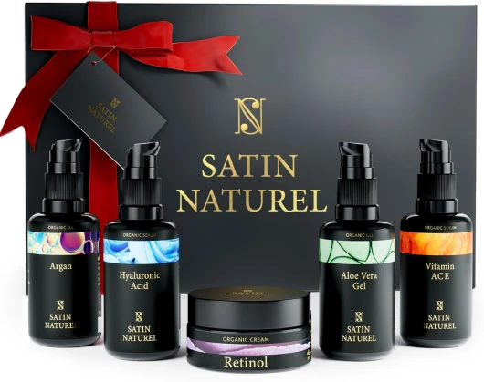 Coffret Cadeau Femme - Serum Vitamine C Visage + Acide Hyaluronique Serum Visage + Huile Argan + Gel Aloe Vera + Creme Hydratante Visage 5x30ml, Satin Naturel