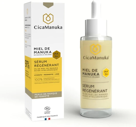 CICAMANUKA – Sérum visage régénérant 5% de miel de Manuka IAA15+ et acide hyaluronique – Hydrate, Redensifie, Lisse – Peaux en manque de fermeté, sèches et sensibles - Flacon 30ml