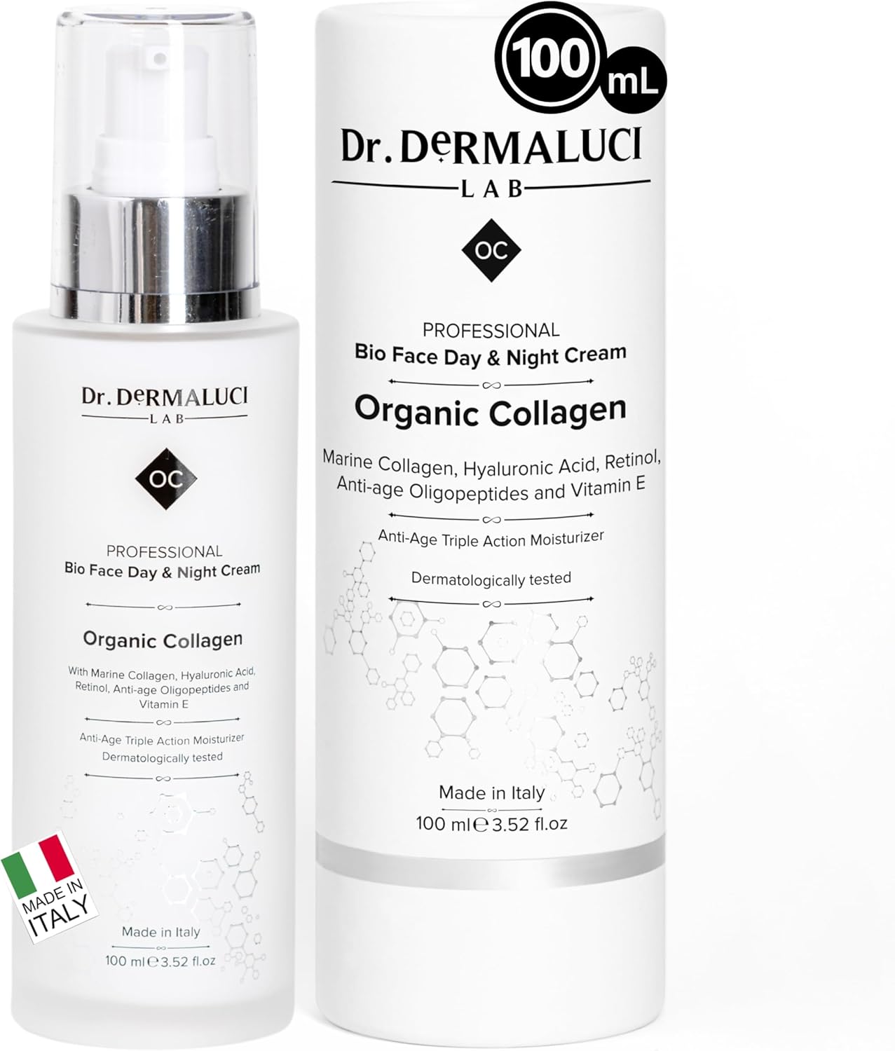 Creme Hydratante Visage Collagene et Acide Hyaluronique BIO 100ml, Rétinol, Vitamine C+E, Oligopeptides, Aloe Vera, Huile de Jojoba - Anti Rides Femme/Homme - Anti-Âge/Naturel - Jour/Nuit - Italie