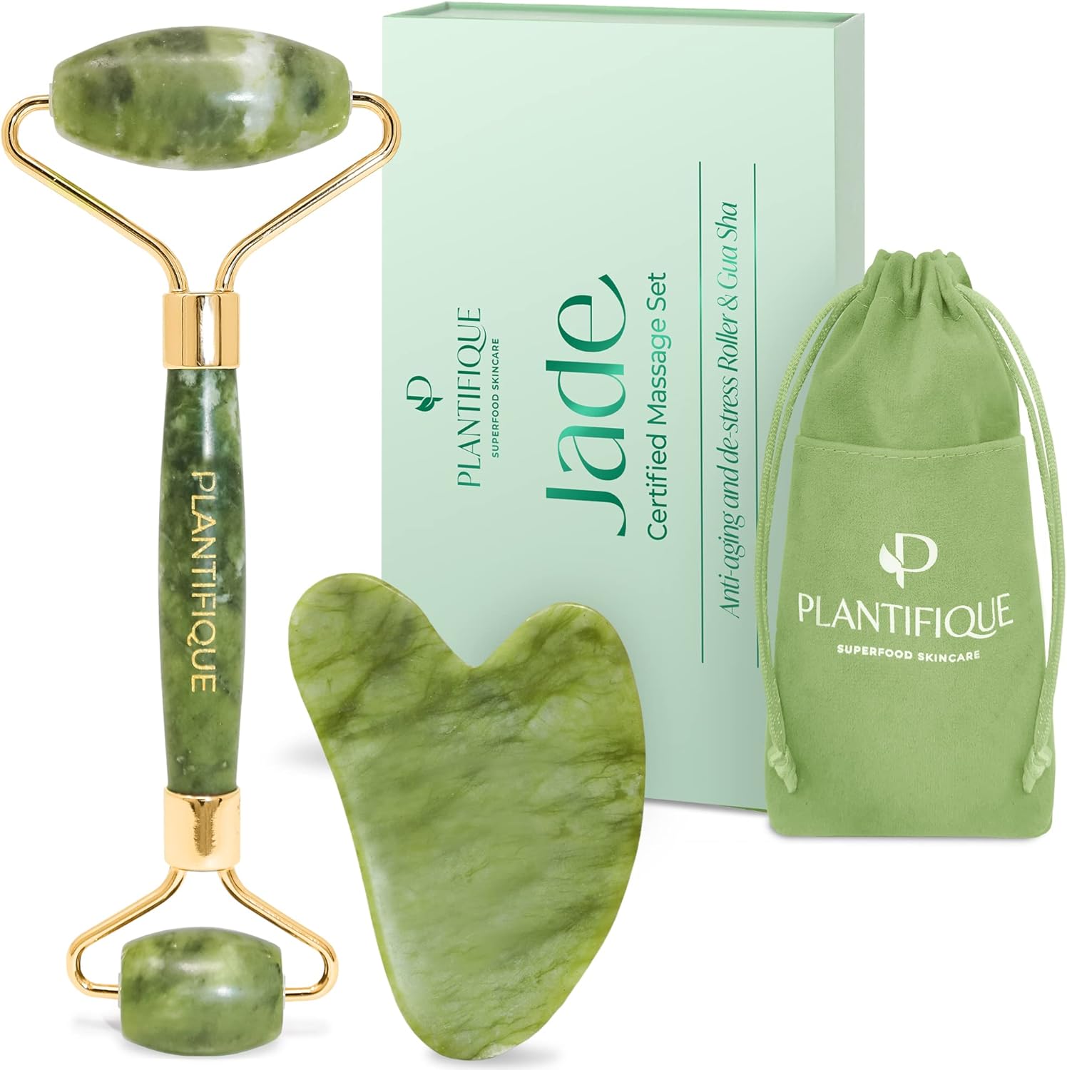 PLANTIFIQUE Rouleau de Jade et Gua Sha - Massage du Visage avec Guasha et Roller en Pierre Véritable - Idée Cadeau Anti-Âge pour Femme - Masseur pour le Soin du Corps Jade Set