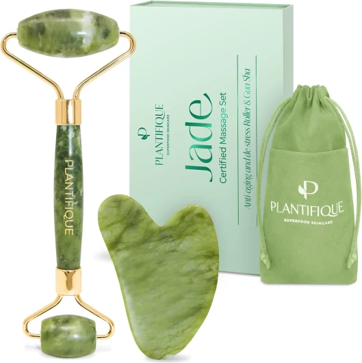 PLANTIFIQUE Rouleau de Jade et Gua Sha - Massage du Visage avec Guasha et Roller en Pierre Véritable - Idée Cadeau Anti-Âge pour Femme - Masseur pour le Soin du Corps Jade Set