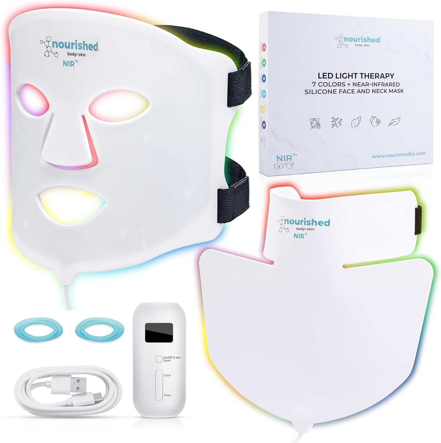 Nourished Bodynskin Masque LED 7 couleurs visage et cou avec infrarouge proche - Luminothérapie bleue, rouge pour le visage - 228 LED - Outil de soin pour l'anti-âge