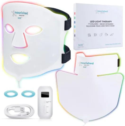 Nourished Bodynskin Masque LED 7 couleurs visage et cou avec infrarouge proche - Luminothérapie bleue, rouge pour le visage - 228 LED - Outil de soin pour l'anti-âge