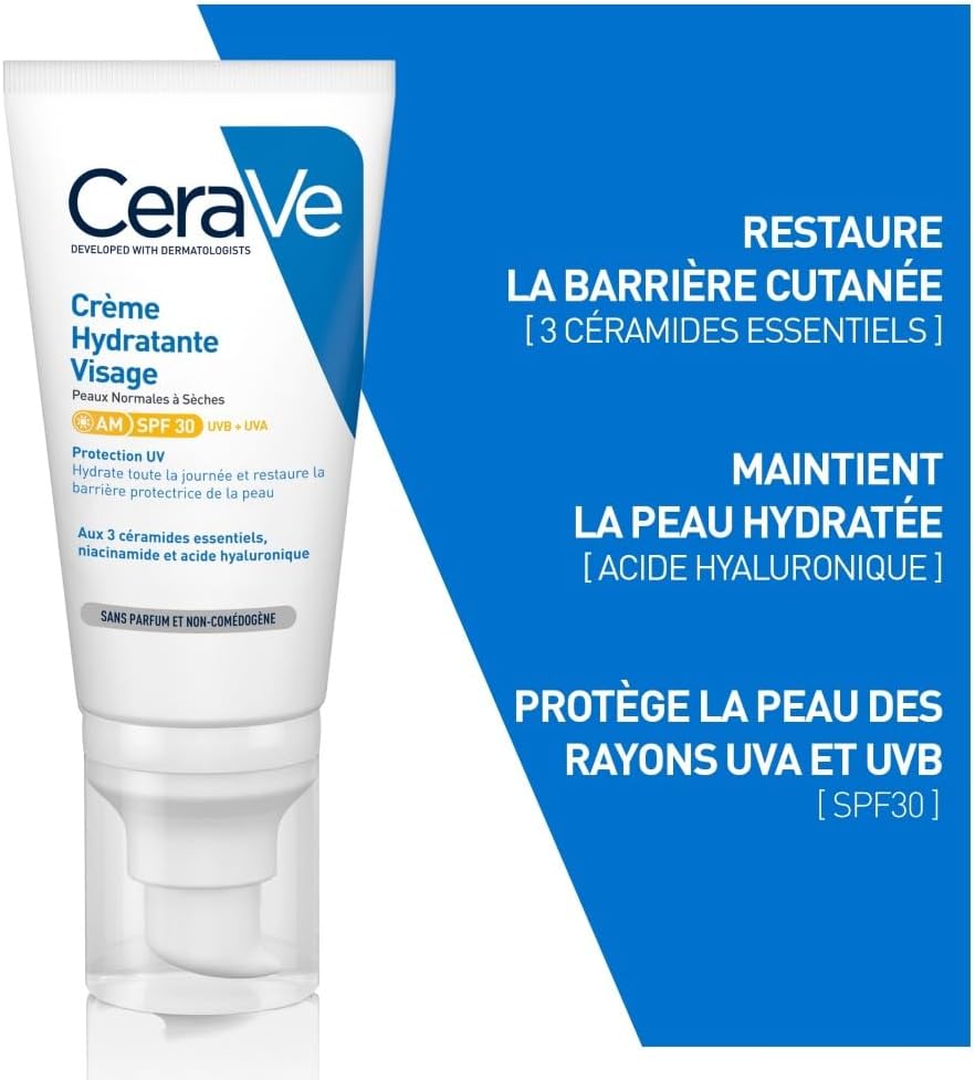 CeraVe - Crème Hydratante Visage SPF30 - Crème de Jour avec Protection UVB + UVA - Acide Hyaluronique, Céramide, Niacinamide, Vitamine E - Peau Normale à Sèche