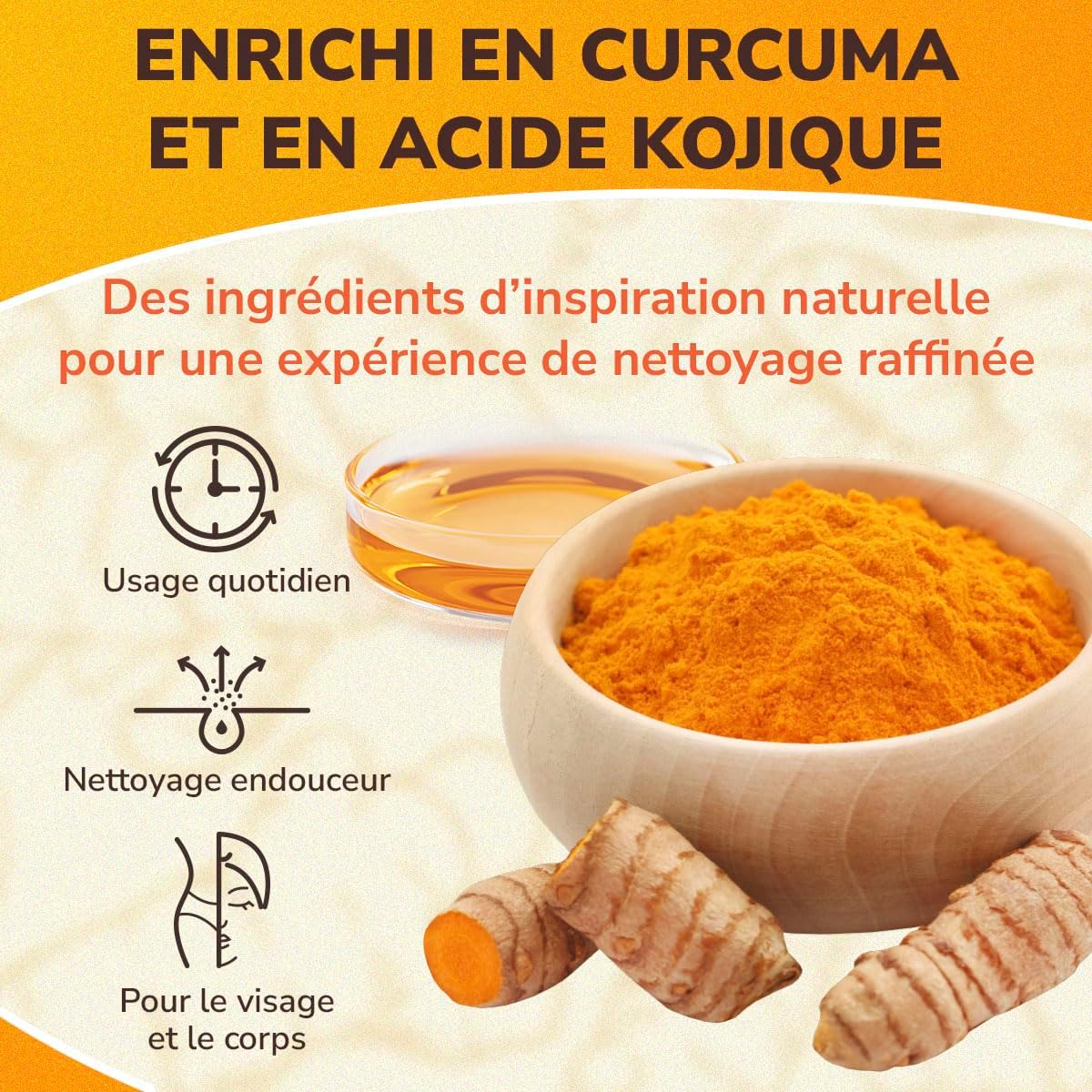 Savon Kojic Acid & Savon Curcuma Visage contre les Taches, Éclaircissant & Hydratant – Doux Visage & Corps, Avec Vit - C, Rétinol, Collagène & Ac - Hyaluronique, Sans Parabènes & SLS (100g) Curcuma et acide kojique - 1 sachet