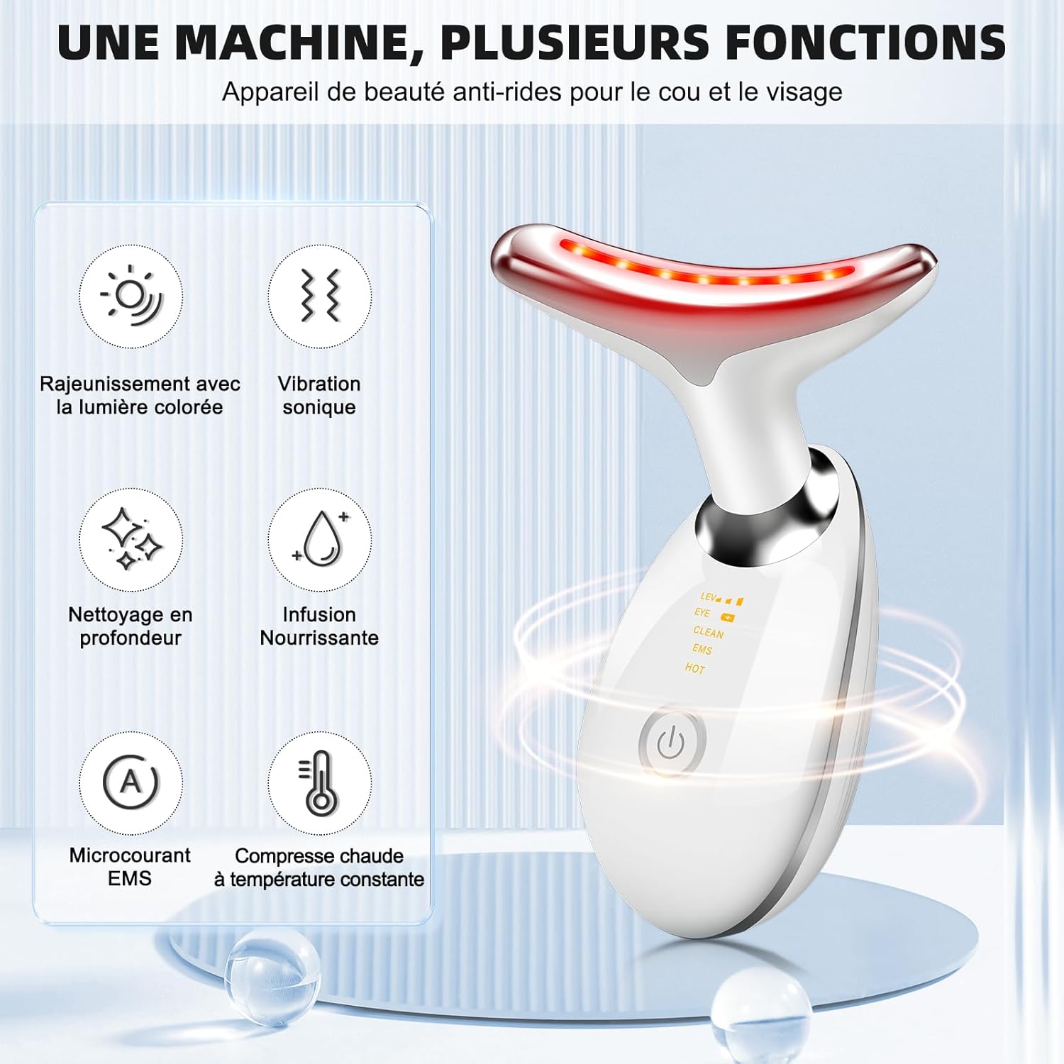 Appareil Anti Rides Visage, 3 Modes EMS Appareil de Gua Sha Visage, Appareil de Massage Visage 7 Couleurs, Chauffable 45°C Guasha Pour Visage Instrument, Double Menton Raffermissant et Liftant