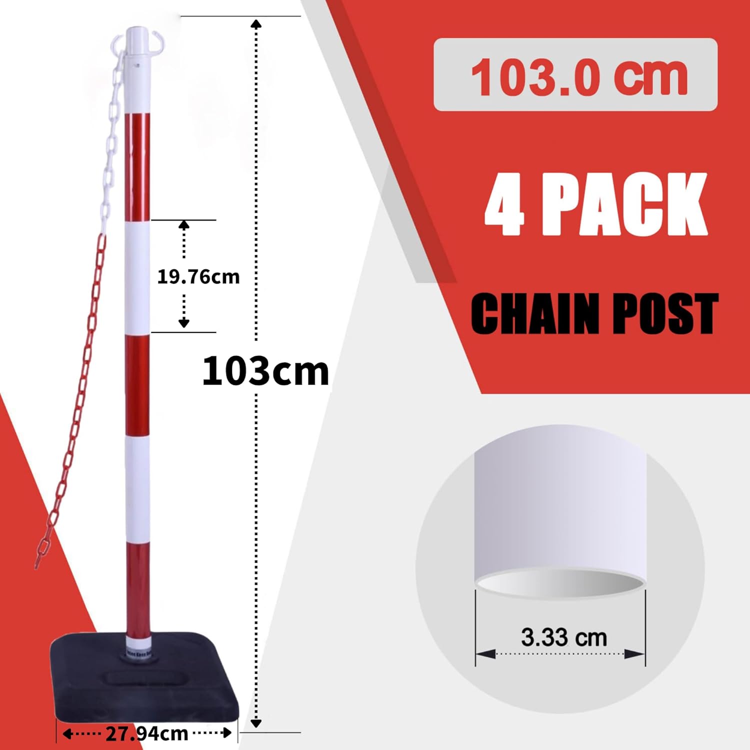 [ 4 Pièces ] Poteau Délimiteur de Trafic 40''/100cm, Poteau de Barrière avec Chaîne Liée de 20FT/600cm et Base Remplissable de Sable/Eau pour Stationnement, Construction de Routes Rouge et Blanc