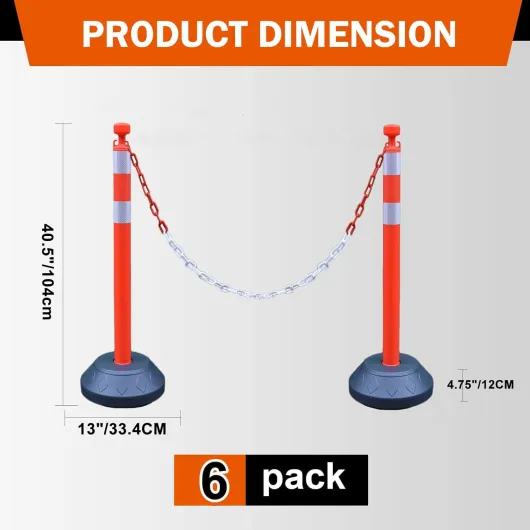 Lot de 6 Poteaux de Guidage 102 cm, Balises de Circulation avec Chaînes en Plastique et Base Remplissable d’Eau pour Parking, Files d’Attente et Gestion de Foule (Rouge et Blanc)