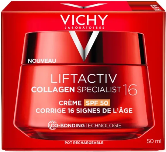 Vichy, Liftactiv, Crème de Jour Anti-Âge Collagen Specialist 16, Lisse & Repulpe, Enrichie en Collagène, Corrige 16 Signes du Vieillissement, Pour tous Types de Peau, Rechargeable, 50 ml