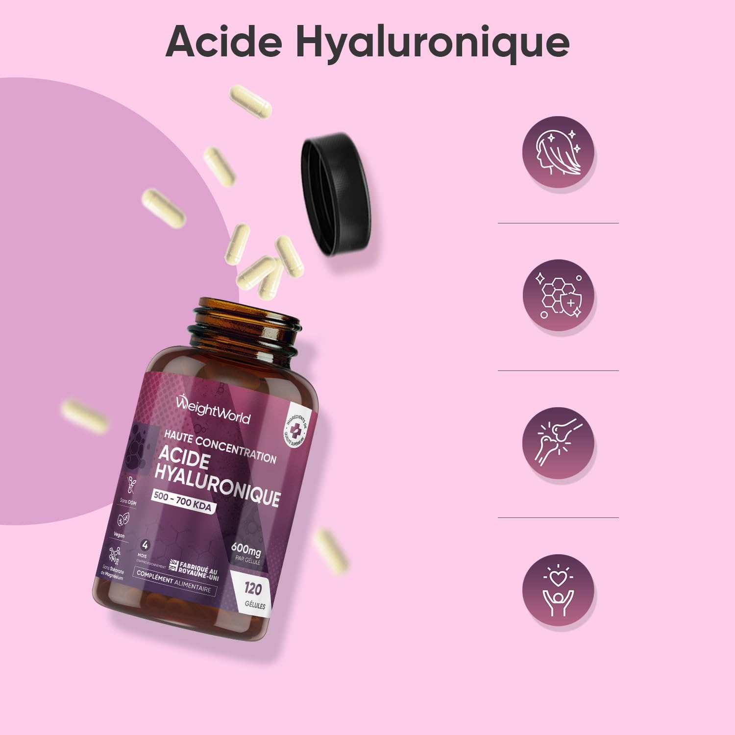 Acide Hyaluronique en Gélules 600mg, 120 Gélules Vegan pour 4 Mois, 500-700 kDa Acide Hyaluronique sous Forme d'Hyaluronate de Sodium, sans OGM ni Stéarate de Magnésium