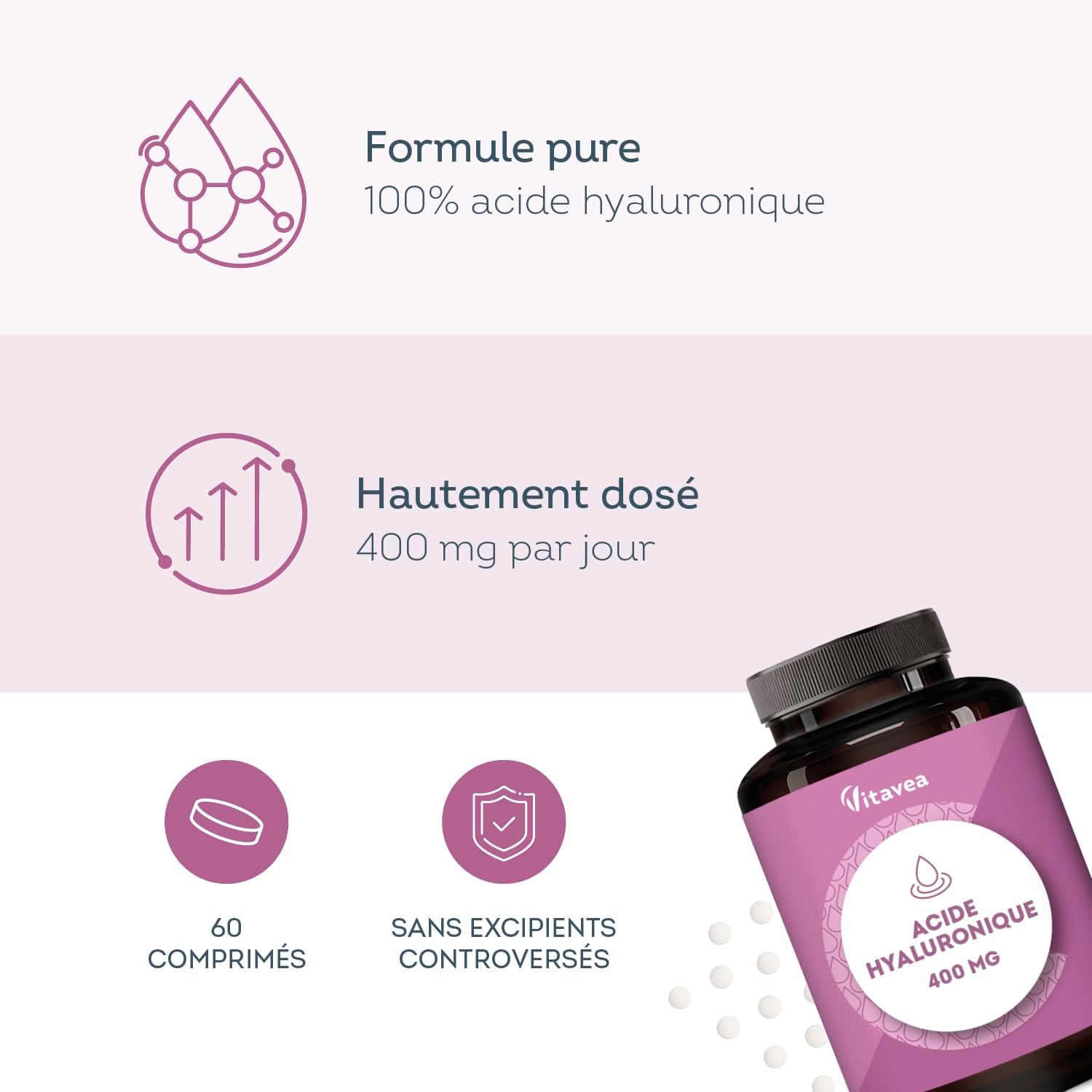 Acide Hyaluronique Pur 400 mg Vegan – Anti-Âge & Hydratation - Formule Haute Absorption – 60 Comprimés – Fabriqué en France - Vitavea Format 60 comprimés
