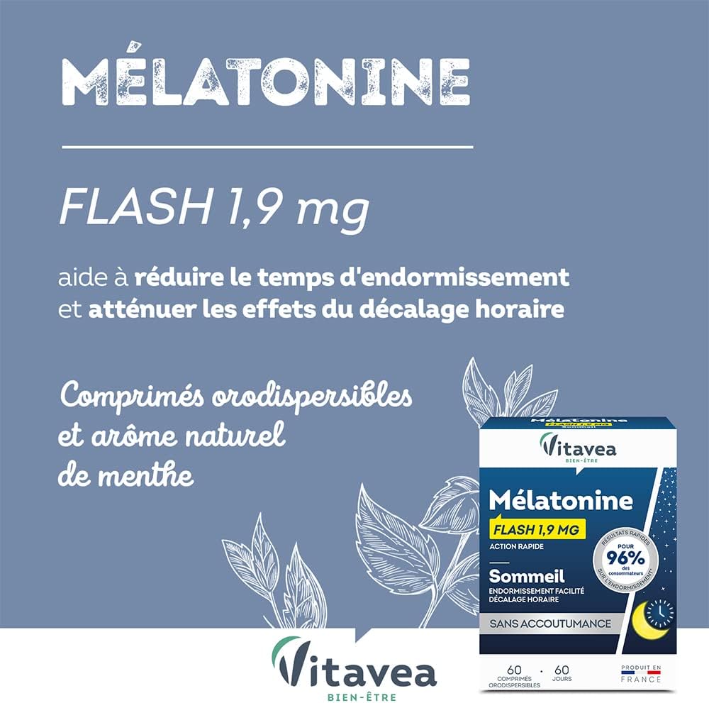 Vitavea - Mélatonine 1,9 mg - Hautement Dosée - Complément Alimentaire Sommeil Adulte - Endormissement, Pour Dormir - Décalage Horaire, Jet Lag - 60 comprimés - Cure 2 mois - Fabriqué en France