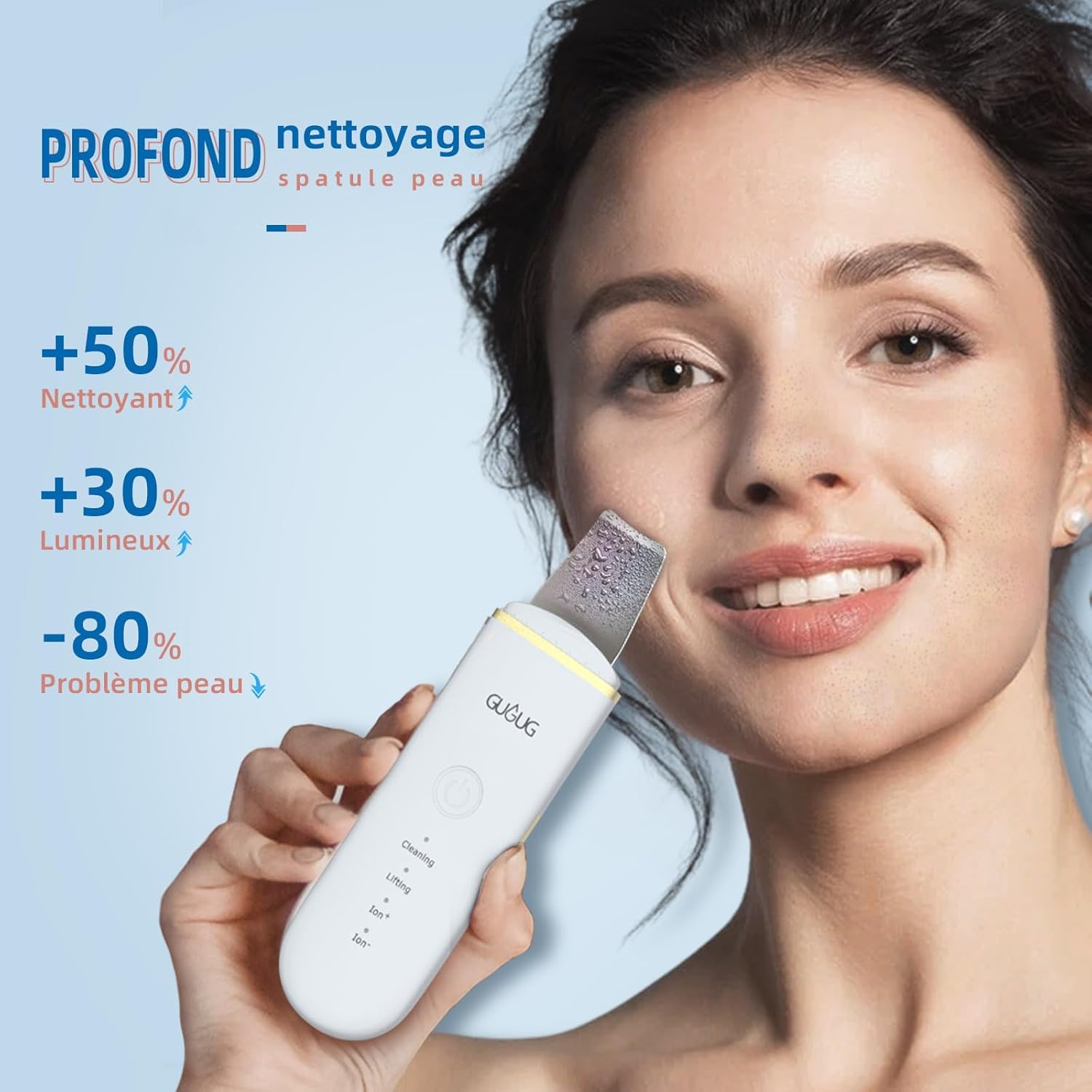 GUGUG Épurateur de Peau, Ultrasonique Épurateur Visage Skin Scrubber avec 4 Modes Appareils de Tonification pour le Visage et Point Noirs, Soins pour le Visage, USB Rechargeable A-or Blanc
