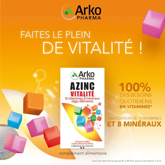 Azinc Vitalité - Réduit la fatigue due au surmenage, soutient les performances intellectuelles, dès 15 ans - 120 gélules
