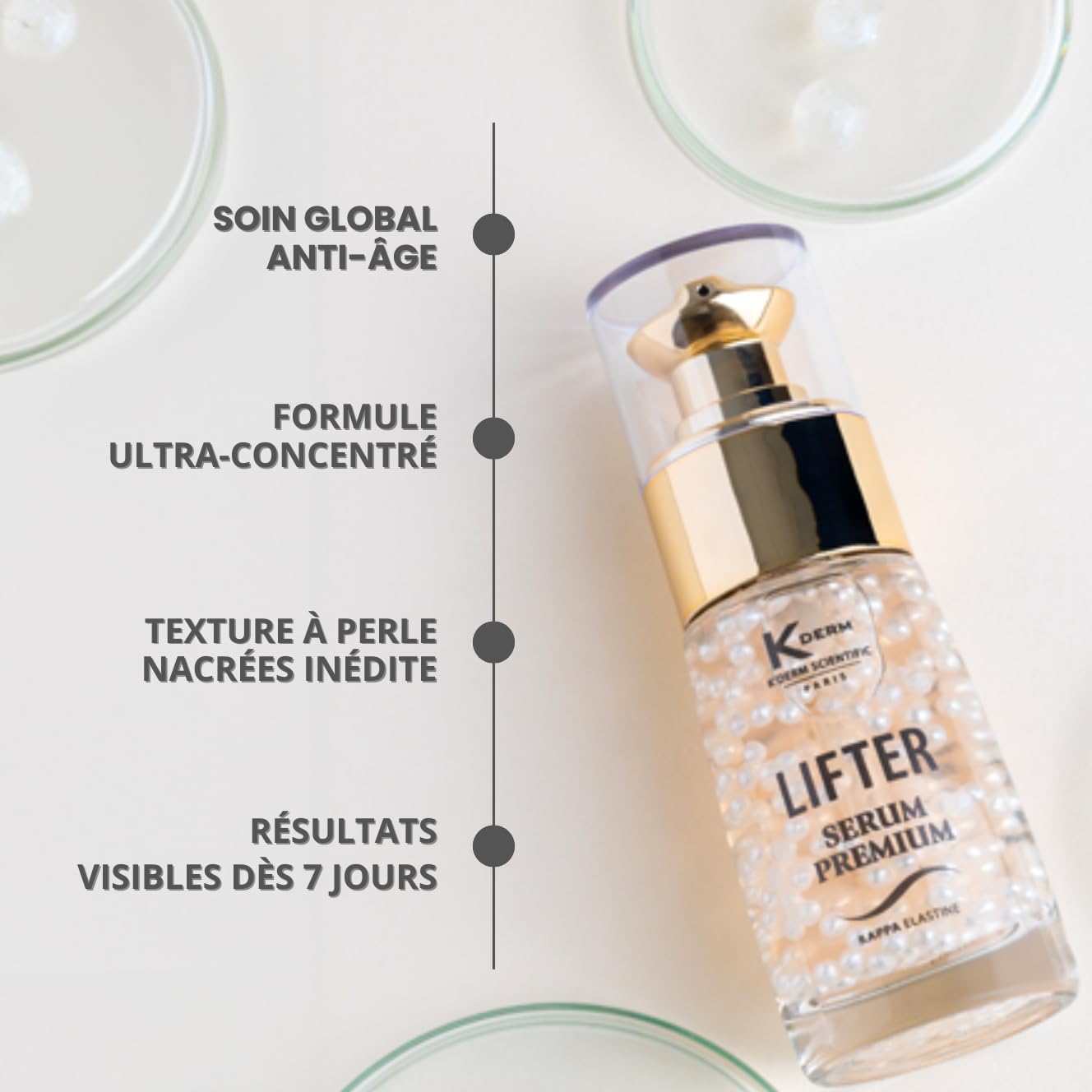 KDerm Lifter Sérum Premium - Soin Anti-Âge Ultra-Concentré à la Kappa-Elastine - Anti-rides, Anti-taches, Fermeté, Eclat - Fusion de perles actives - Made In France - 30 ml