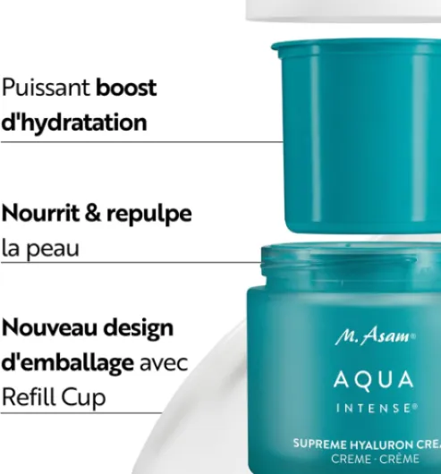 M - Asam AQUA INTENSE Supreme Hyaluron Cream (100ml) – Acide hyaluronique pour une crème hydratante visage 24h, repulpe & lisse, soin visage intensif, texture légère, pour tous types de peau, vegan 3 - 100ml