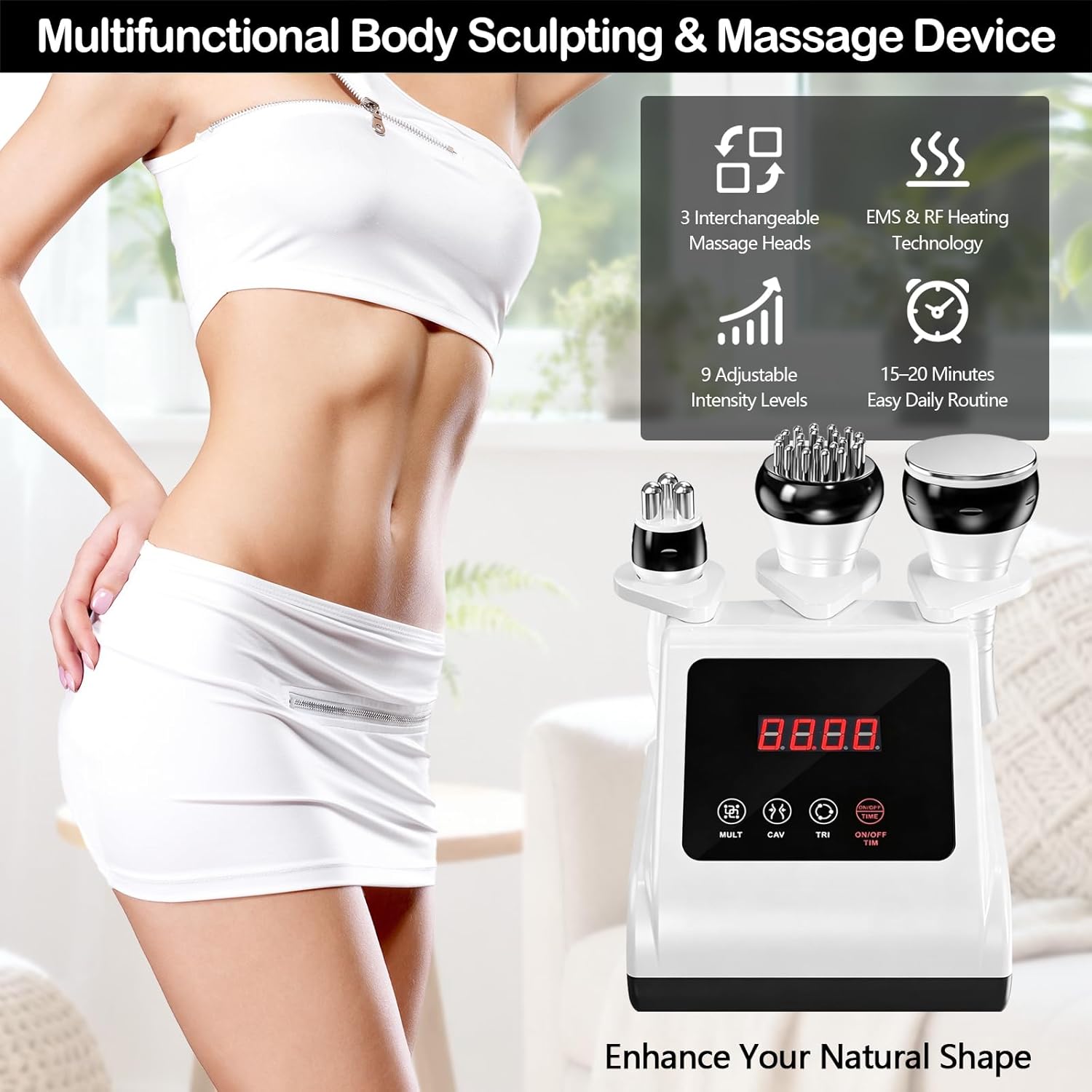 Appareil de radiofréquence 3 en 1 pour le visage et le corps, cavitation 40 kHz, RF, EMS, lumière rouge et fonction chaleur, 9 niveaux d'intensité, pour raffermir la peau et sculpter le corps