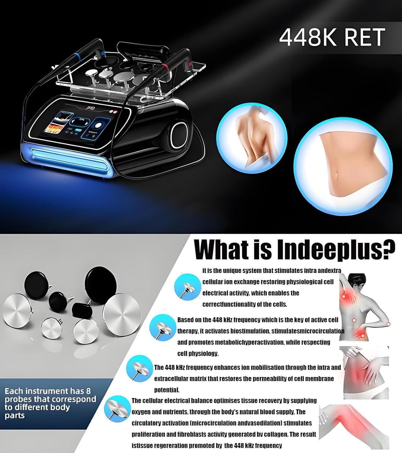 Appareil de diathermie par radiofréquence Professionnelle INDIBA, 448 kHz, thérapie Tecar RF, Mode Ret et CET, Technologie espagnole, hyperthermie, amincissement, Perte de Poids