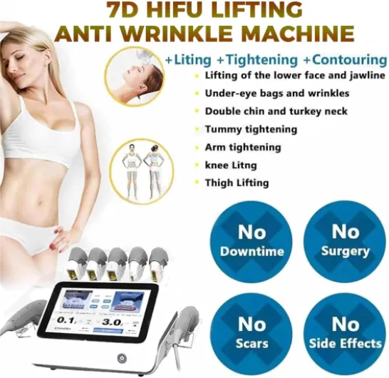Appareil de beauté professionnel HIFU 7D pour le visage et le corps, raffermissement de la peau, anti-âge, lifting, traitement des rides, avec 7 cartouches, pour une utilisation en salon et à domicile