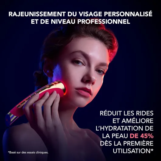 FAQ 102 Pink Ruby - Radiofrequence Facial - Appareil Anti Rides Visage - 8 LED - Anti-âge - Masseur Visage T-Sonic - Raffermissement - Electrostimulation Visage - Thérapie à lumière rouge