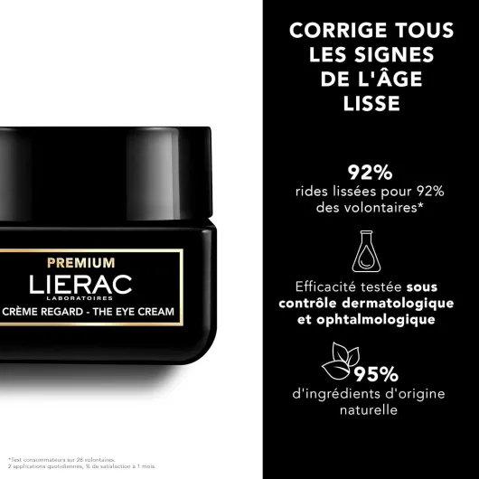 Lierac - Premium - La Crème Regard 20ml - Soin Contour Yeux - Anti-âge global - Lisse - 95% d’ingrédients d’origine naturelle - Convient aux Yeux sensibles