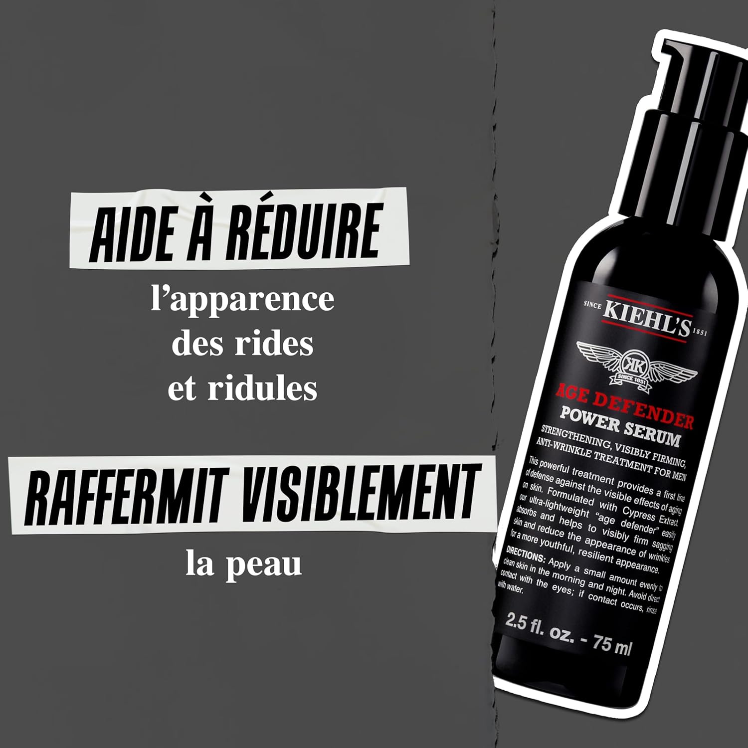 Kiehl's, Sérum Age Defender, Sérum Anti-Âge Léger pour Hommes avec Extrait de Cyprès & Adénosine, Anti-Rides, Peau Lisse et Jeune, Raffermit et Lifte la Peau, 75 ml