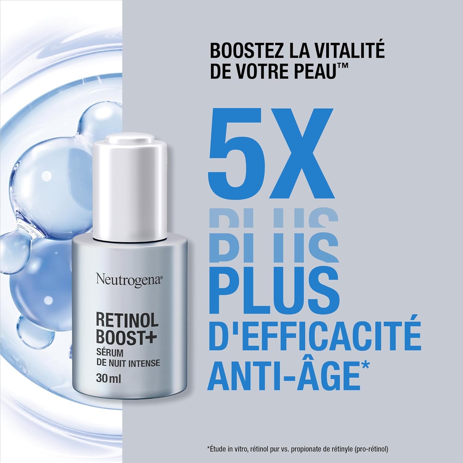 Sérum de Nuit Intense Anti-Âge Retinol Boost+ (flacon de 30 ml avec pipette) – Sérum anti-âge nourrissant au rétinol – Soin du visage pour réduire l'apparence des rides même profondes