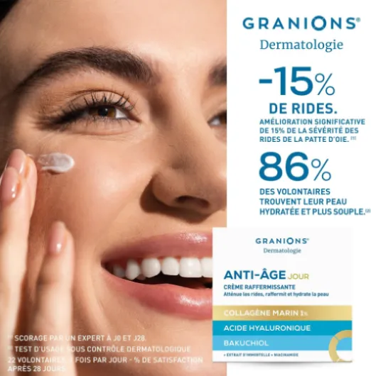 Creme ANTI AGE Femme - Creme de JOUR - RAFFERMISSANTE - Hydratante Visage Action Anti Age - Collagene marin, Acide Hyaluronique, Bakuchiol - Femme Collagene - GRANIONS - 50 ml 50 ml (Lot de 1) Crème de Jour Collagène Anti-Âge