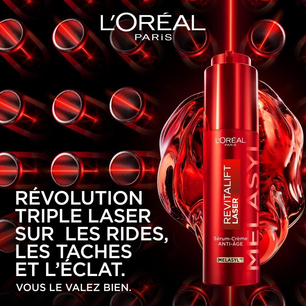 L'Oréal Paris - Sérum-Crème Anti-Âge - Réduit les Rides, les Taches et Redonne de l'Éclat - Tous Types de Peau - Enrichi en Melasyl - Revitalift Triple Laser - 50 ml