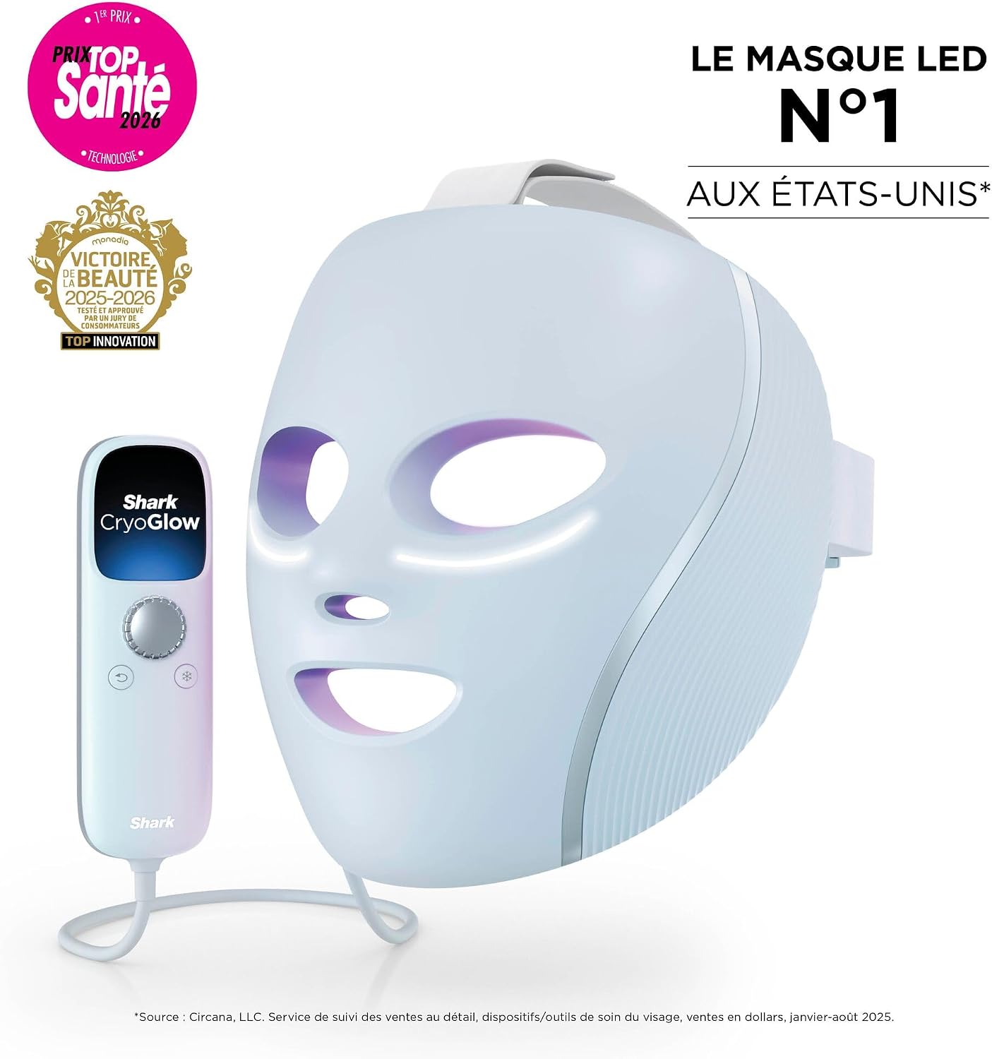 Masque LED Shark CryoGlow avec rafraîchissement du contour des yeux, LED rouge et bleue, Photothérapie par lumière infrarouge, USB-C, Télécommande, Sac de rangement, Sangles réglables Bleu givré