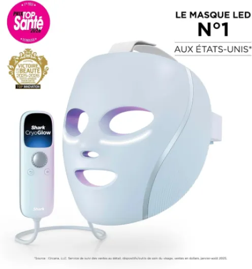 Masque LED Shark CryoGlow avec rafraîchissement du contour des yeux, LED rouge et bleue, Photothérapie par lumière infrarouge, USB-C, Télécommande, Sac de rangement, Sangles réglables Bleu givré