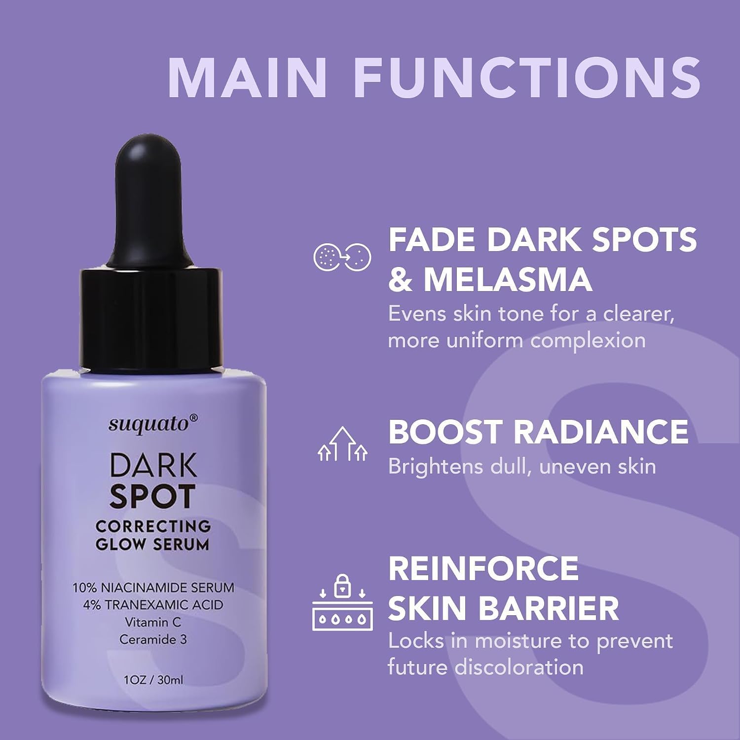 Suquato Sérum anti-taches pigmentaires pour le visage avec acide tranexamique, vitamine C, niacinamide pour le jour et la nuit Sans parfum