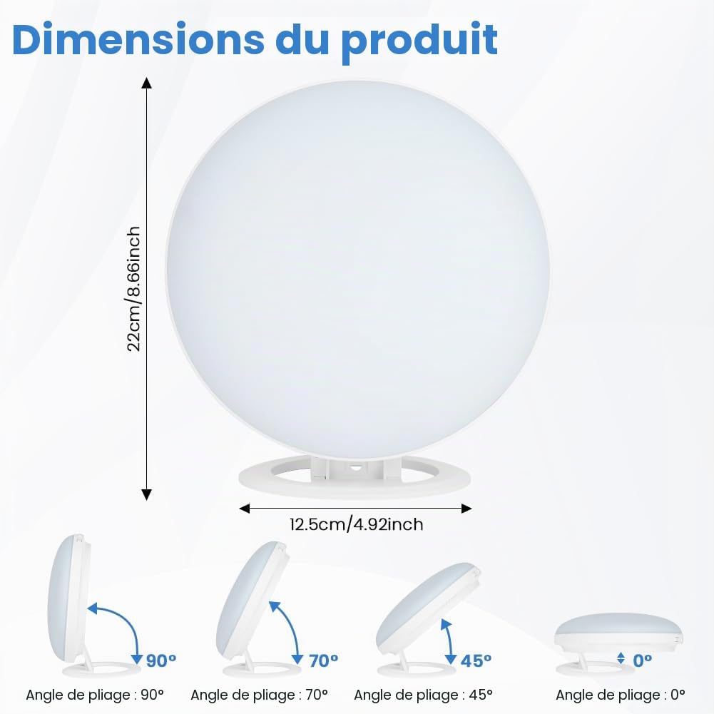 AOOWU Lampe Lumière Du Jour, Lampe de Luminothérapie 10000LUX-30000LUX, Lampe Solaire Compacte Sans Uv Avec 3 Températures De Couleur 10 Niveaux De Luminosité Avec Support Pliant Pour Maison Et Bureau