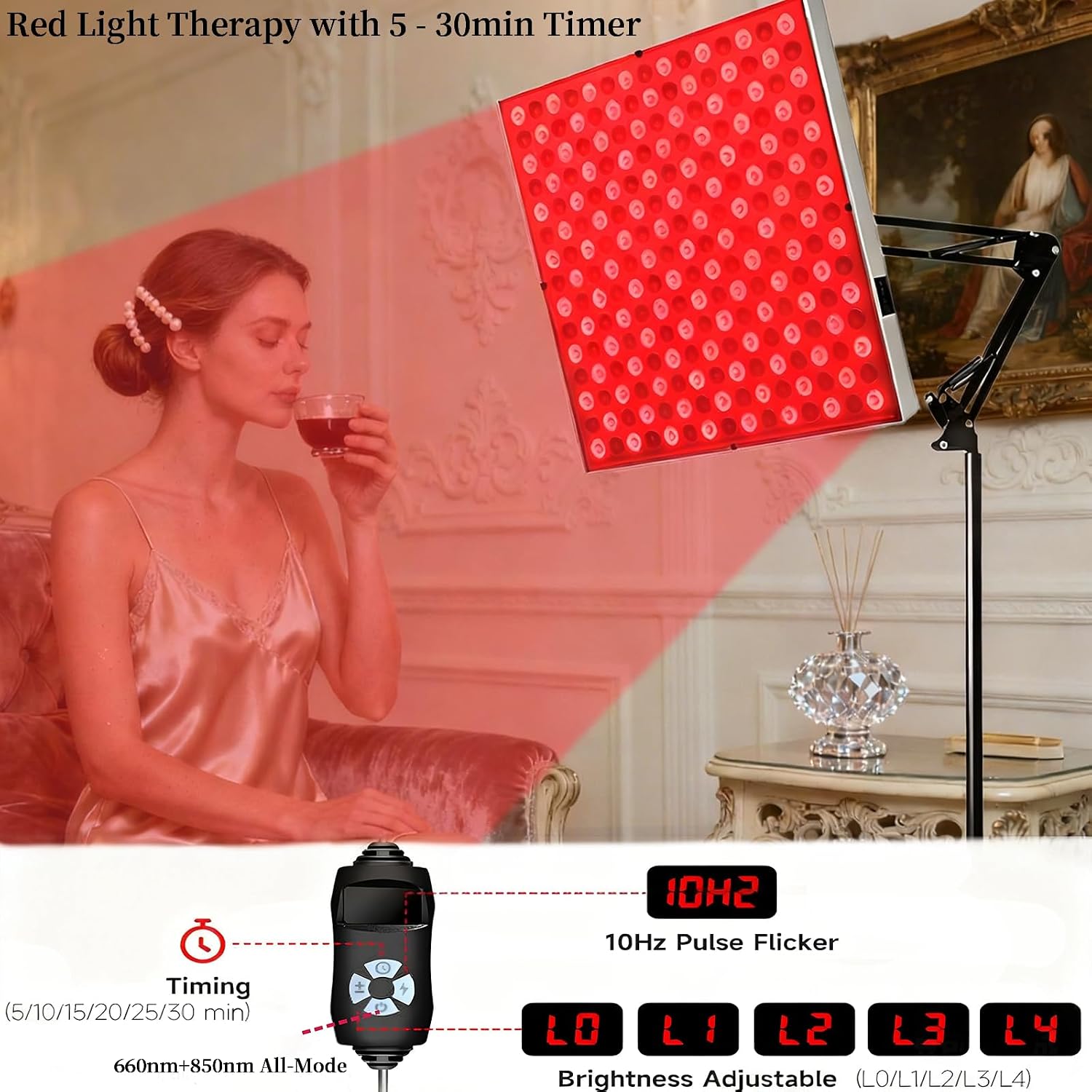 Lampe de luminothérapie rouge corps entier, panneau infrarouge 225 LED 660nm & 850nm carré 31×31 cm, 5 niveaux, 6 minuteries, mode pulsé 10 Hz, pied réglable (Argent)