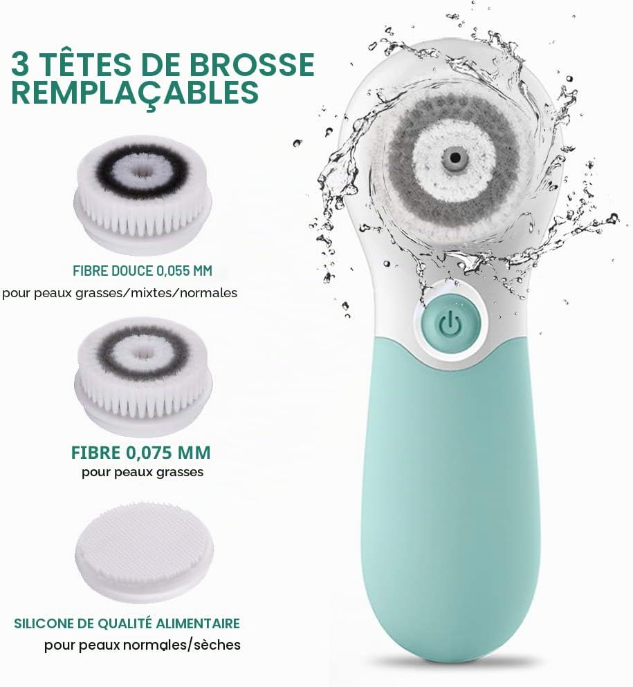 Brosse Nettoyante Visage Electrique, Brosse Faciale Nettoyage en Profondeur, 3 Embouts de Brosse, 2 Vitesses, Etanche, Vert